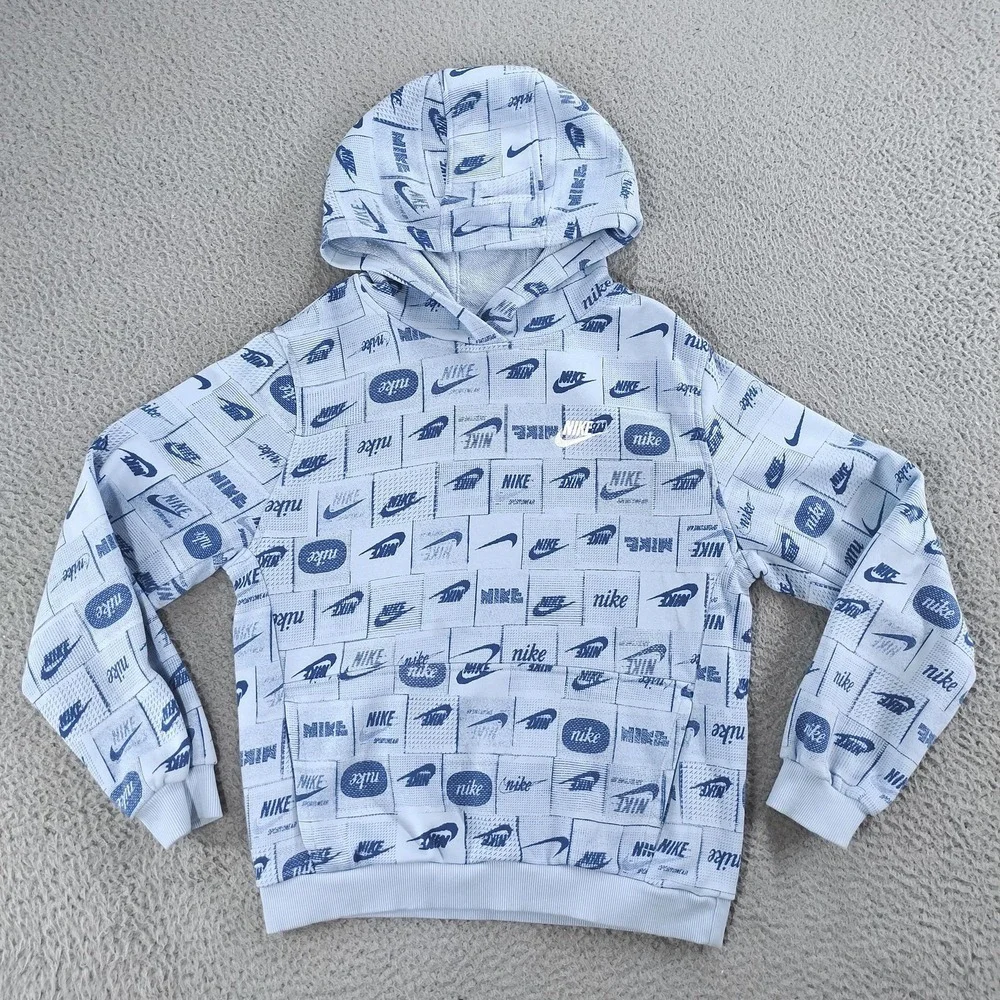 Nike Sportswear Hoodie Kids XL Blue All Over Logo Graphic Pullover FN8741-440